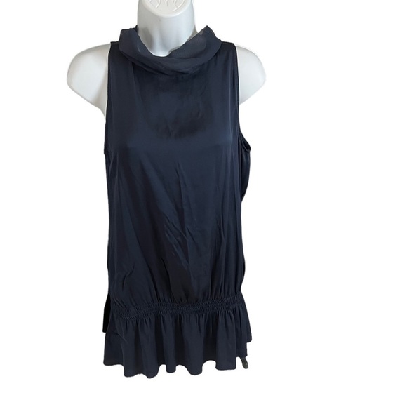 Saks Fifth Avenue Navy Blue Silk Sleeveless Blouse Ruching Bow Small Petite EUC - Picture 2 of 11